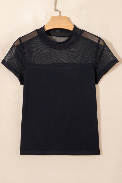 Sheer Mesh Patchwork Cap Sleeve T-Shirt