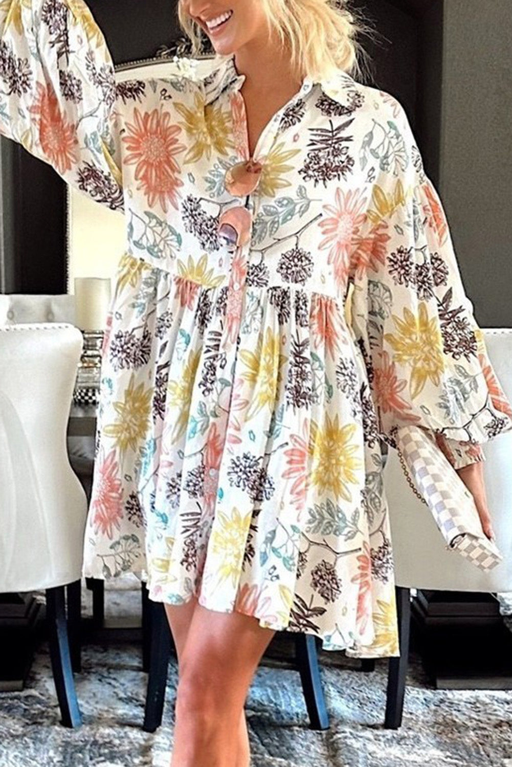 Floral Bubble Sleeve Shirt Dress