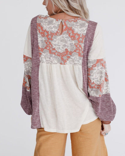 Floral Colorblock Bubble Sleeve Top