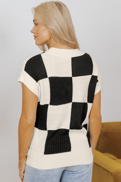 Checker Colorblock Crewneck Short Sleeve Sweater