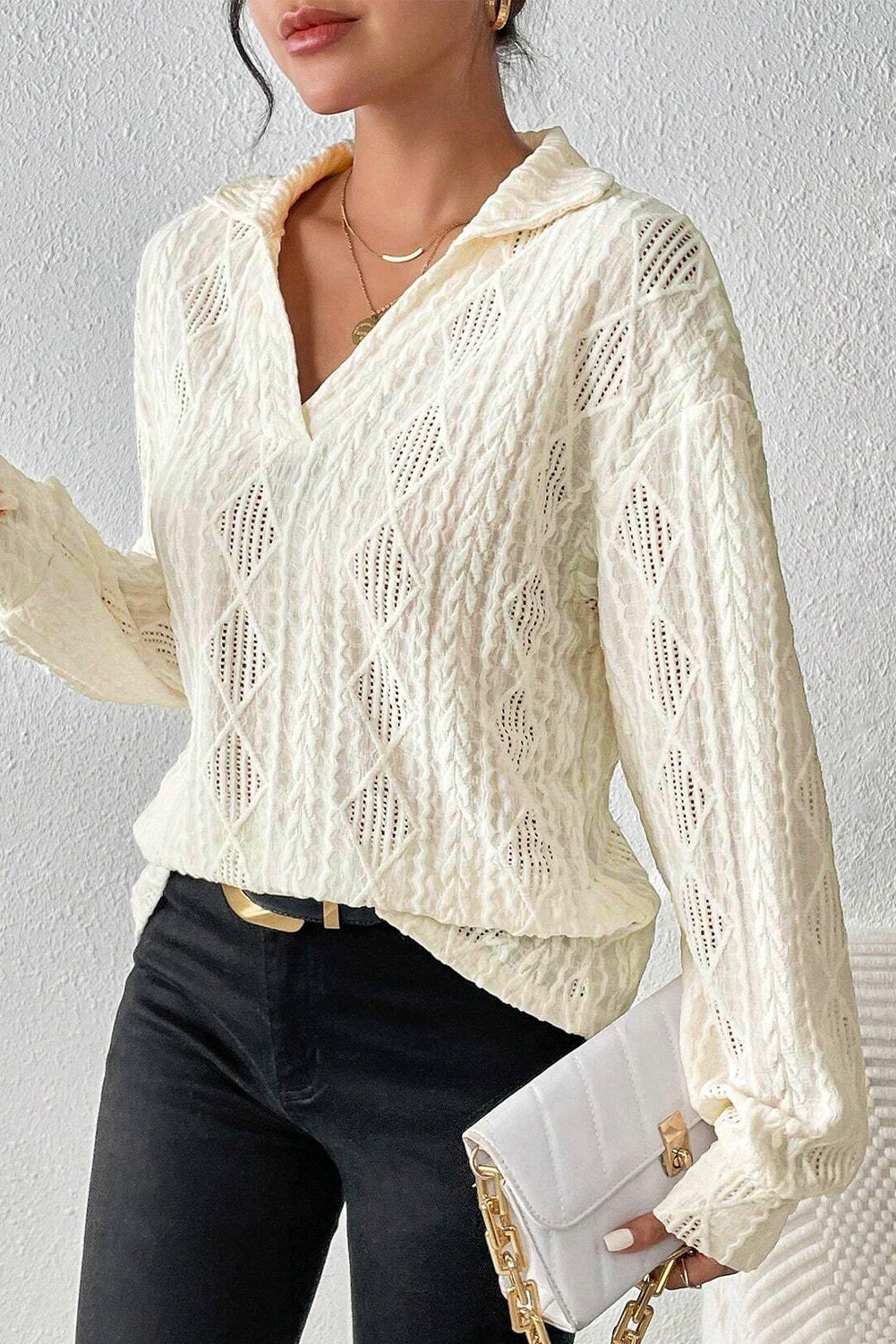 Cable Collared Split Neck Top