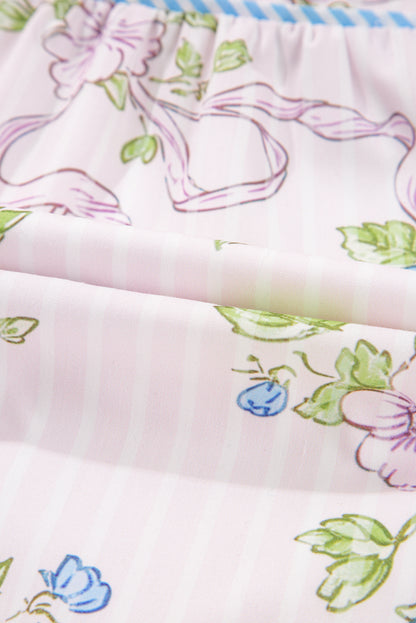 Floral Stripe Contrast Tie Split Neck Mini Dress