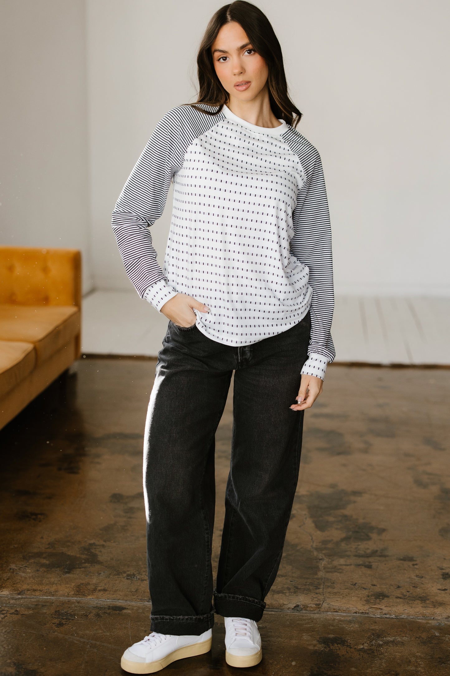 Stripe Raglan Patchwork Long Sleeve Top