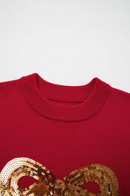 Christmas Sequin Bow Ribbed Trim Sweater