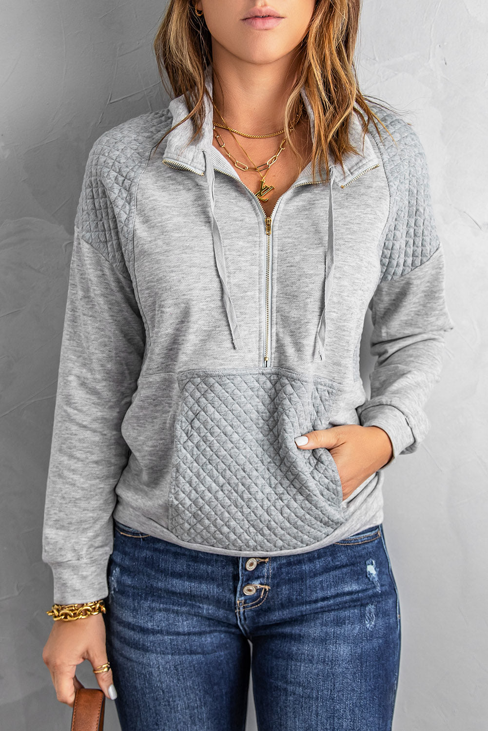 Quilted Patchwork Half Zip Sweatshirt