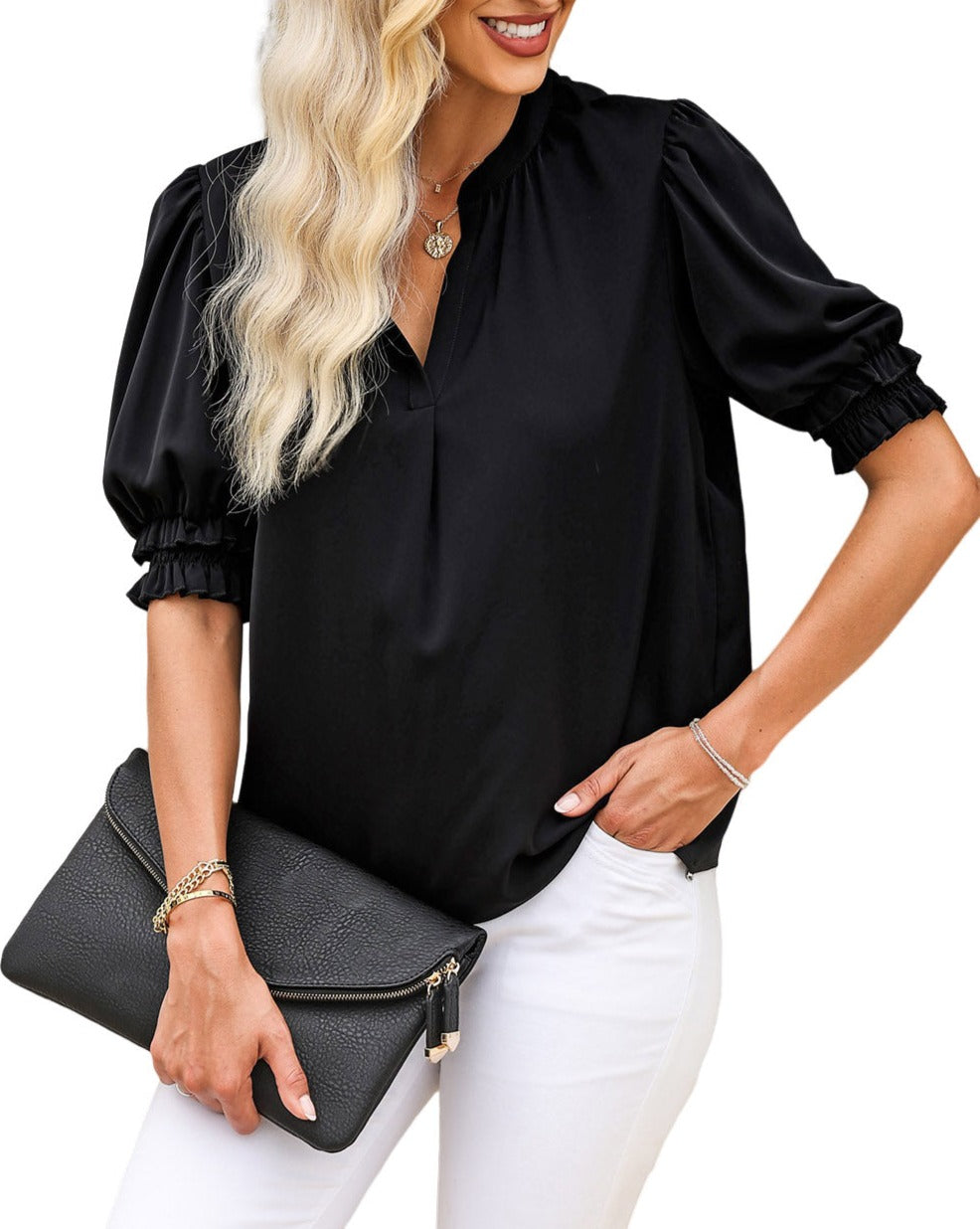 Ruffle Short Puff Sleeve Top