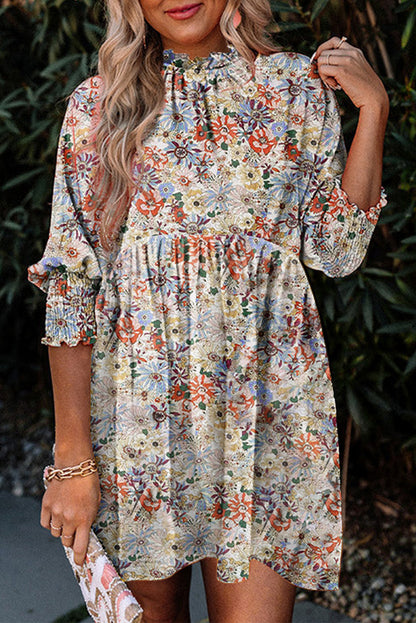 Floral Smocked 3/4 Sleeve Dress