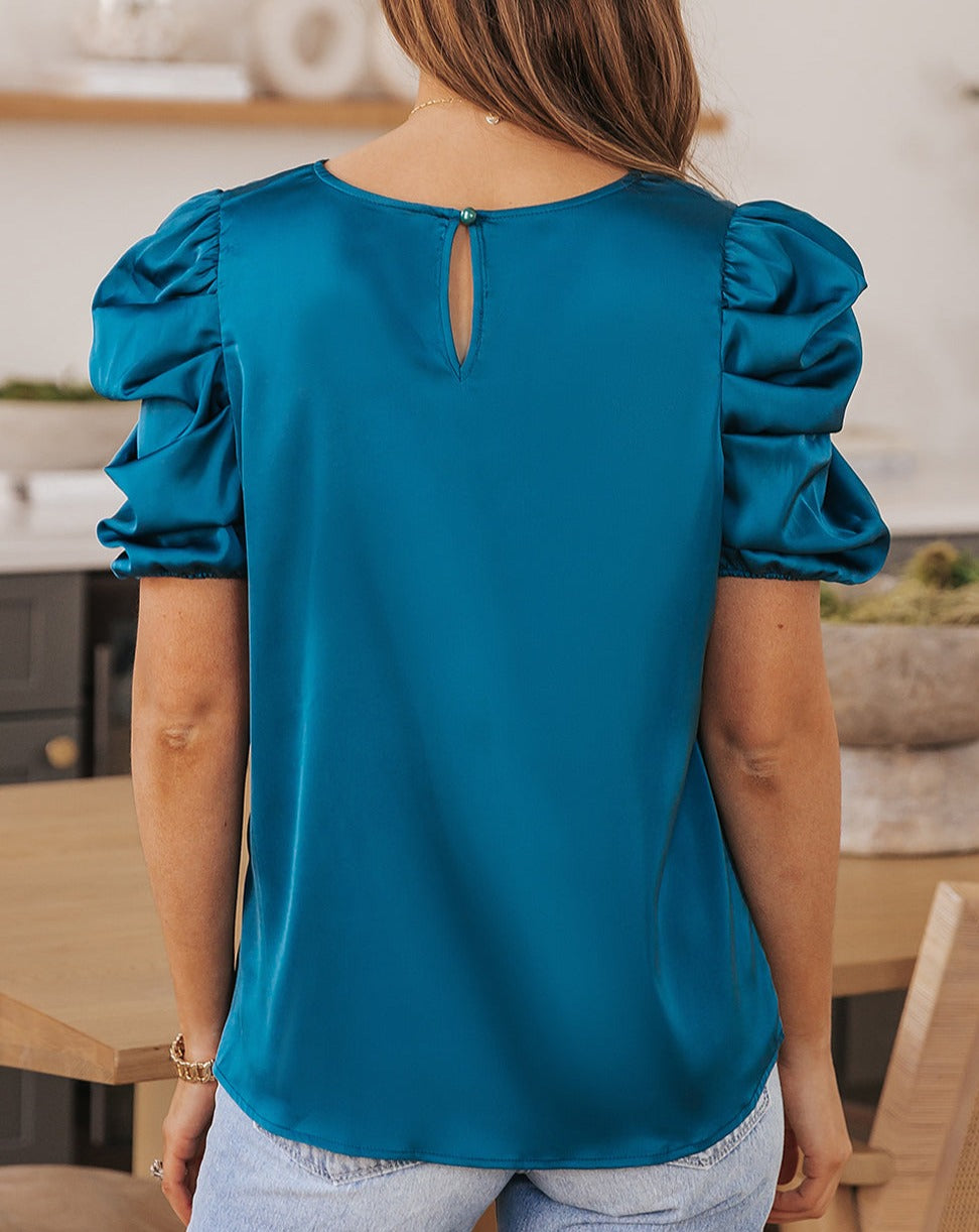 Satin Ruched Puff Sleeve Blouse