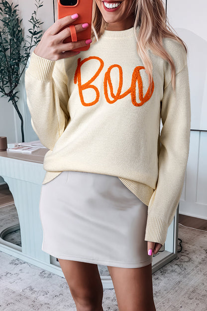 Boo Ribbed Trim Drop Shoulder Sweater