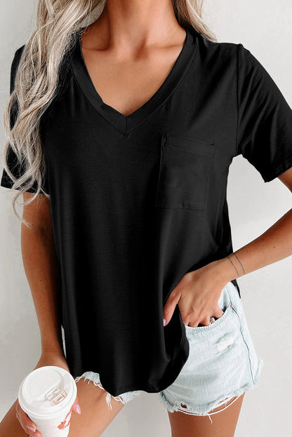 Pocketed V-Neck Rounded Hem Tee