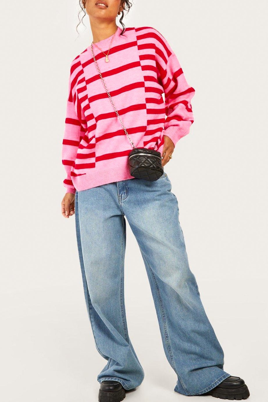 Stripe Bubble Sleeve Crewneck Sweater