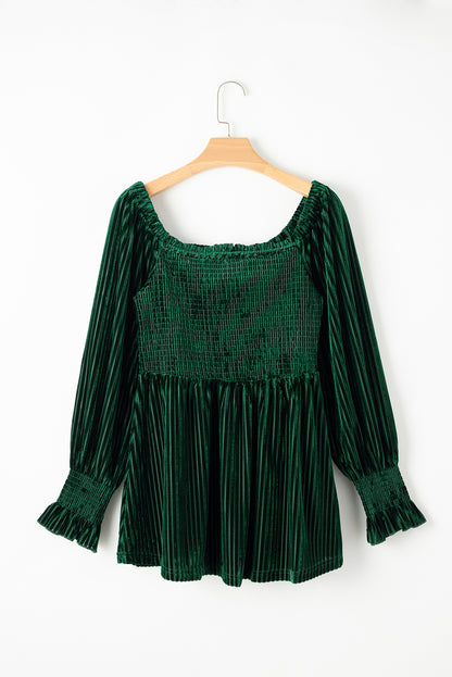 Ribbed Velvet Smocked Babydoll Blouse