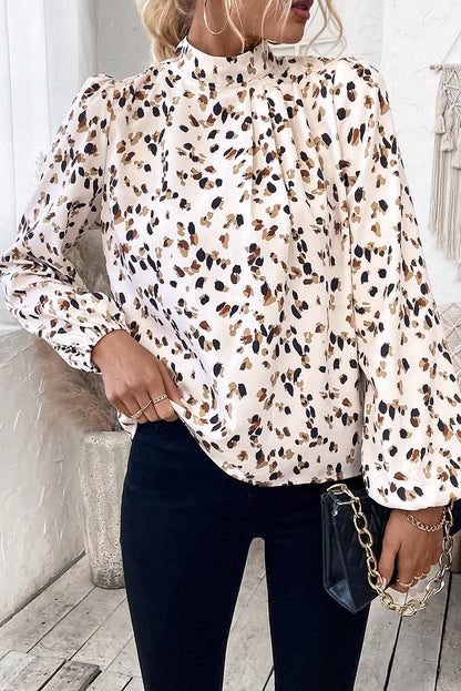 Leopard Lantern Sleeve Pleated Blouse