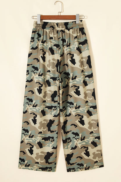 Camo Drawstring Elastic Waist Wide Leg Pants