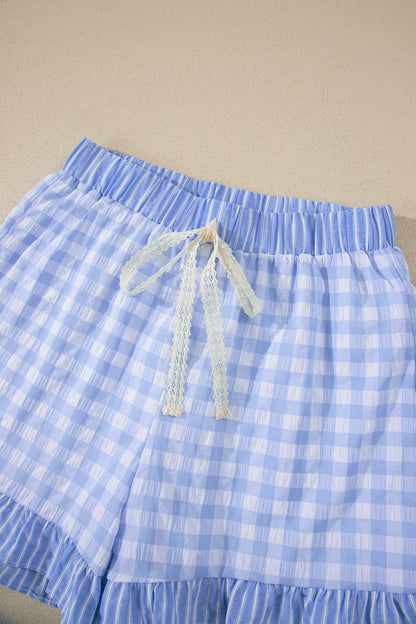 Gingham Ruffle Stripe Patchwork Lace Tie Shorts