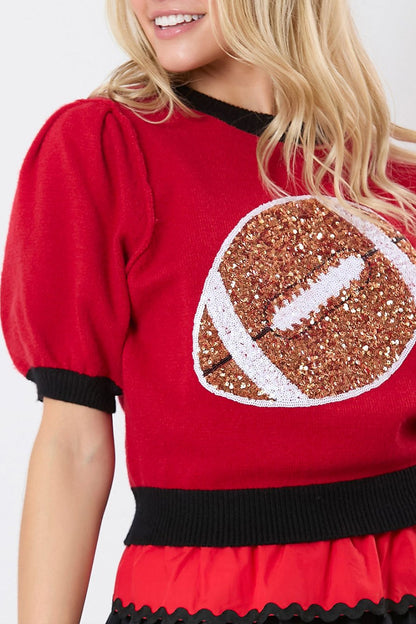 Colorblock Sequin Football Puff Sleeve Sweater