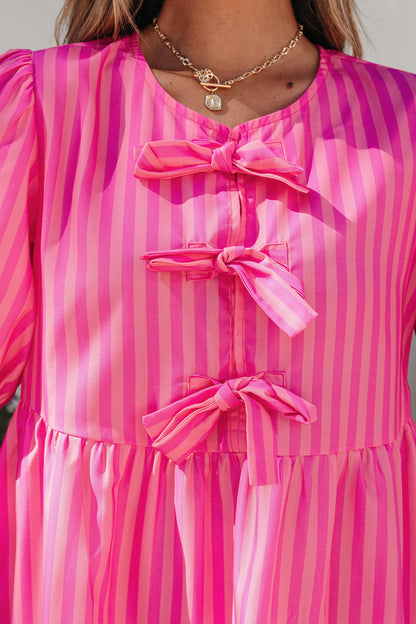 Stripe Bow Tie Front Short Puff Sleeve Dress
