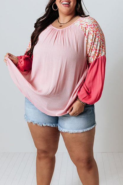 Plus Size Floral Colorblock Long Sleeve Blouse