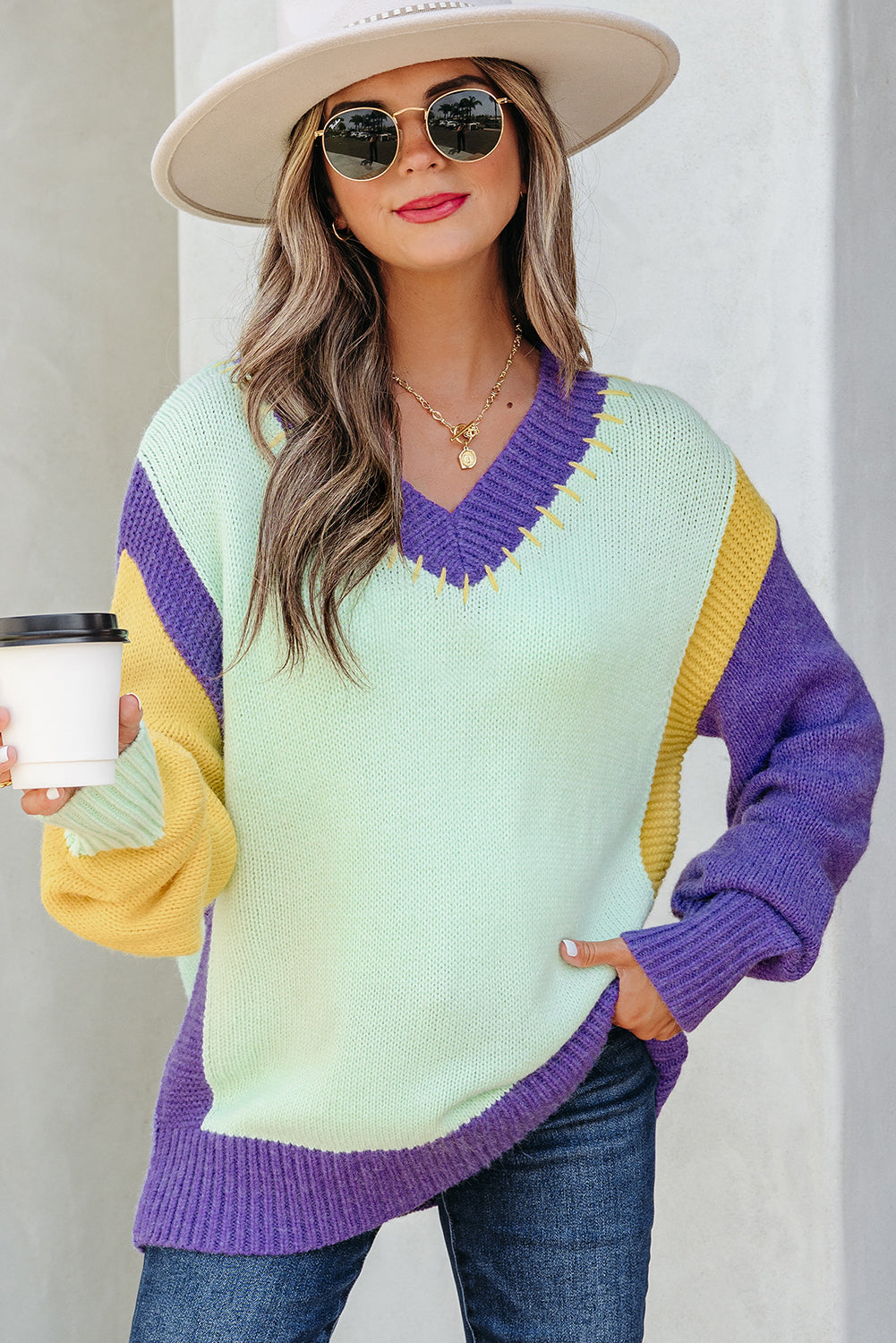 Colorblock Stitched V-Neck Drop Shoulder Sweater