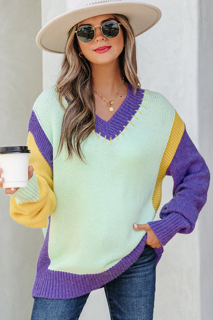 Colorblock Stitched V-Neck Drop Shoulder Sweater