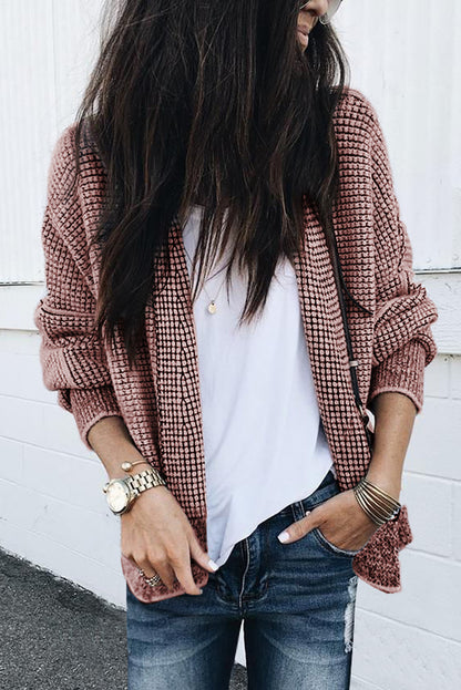 Checker Open Front Textured Cardigan