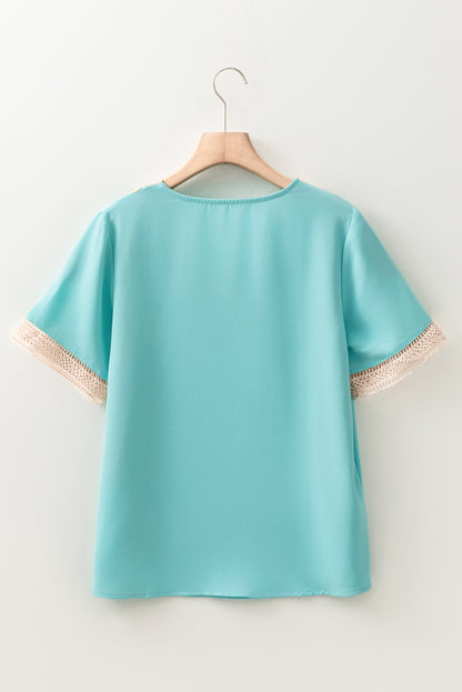 Contrast Lace Trim V-Neck Short Sleeve Blouse