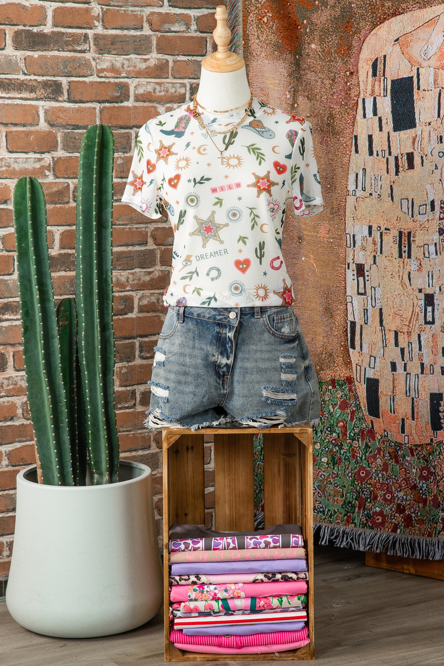 Western LOVE WILD DREAMER Sheer Mesh Graphic Top