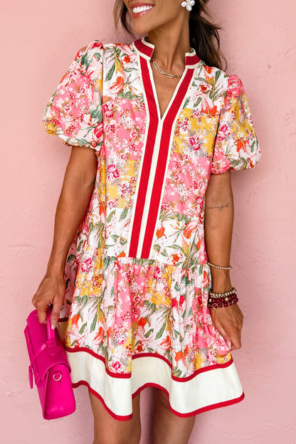 Floral Colorblock Trim V-Neck Ruffle Mini Dress