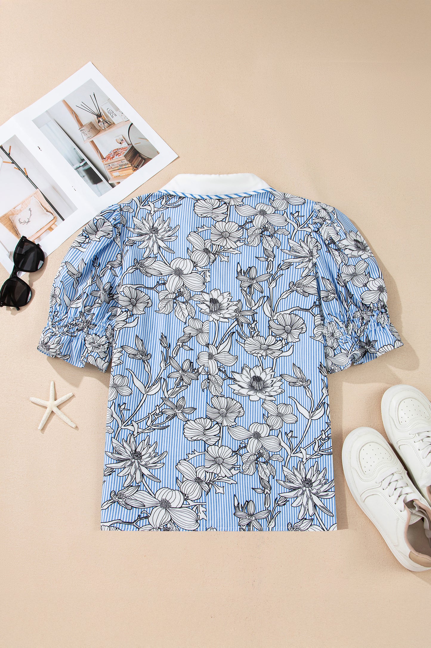 Floral Stripe Polo Collar Short Sleeve Blouse