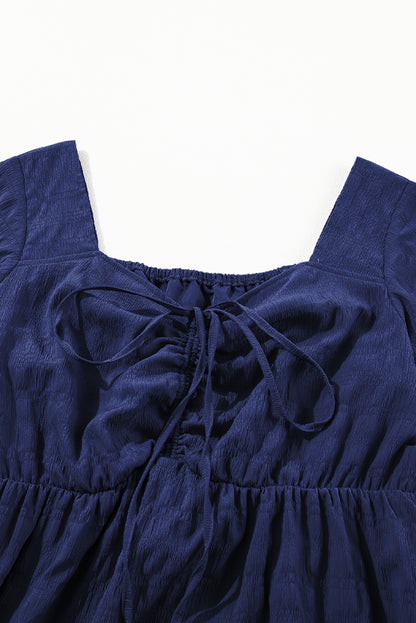 Plus Size Ruched Lace-Up Short Sleeve Midi Dress