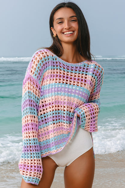 Stripe Open-Knit Beach Cover-Up Sweater