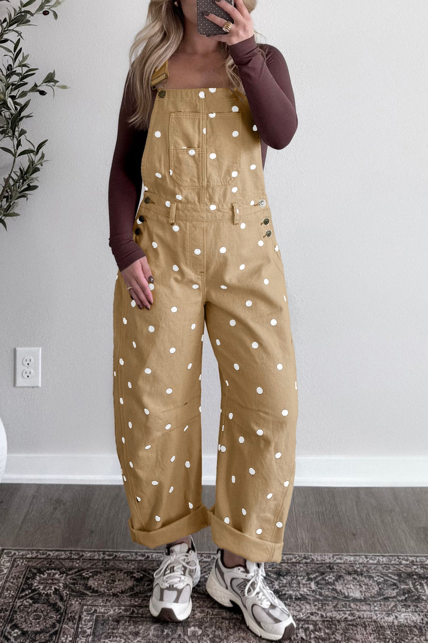 Polka Dot Denim Barrel Leg Overalls Jumpsuit