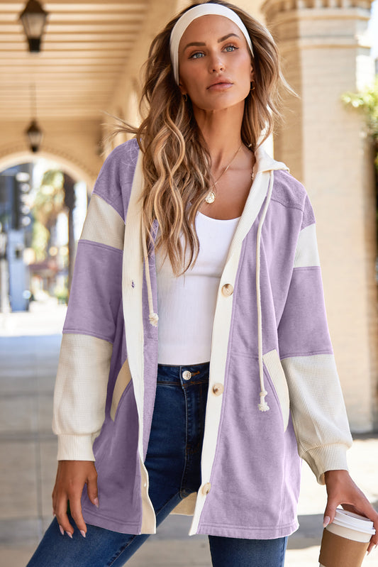 Waffle Knit Colorblock Patchwork Buttoned Hoodie