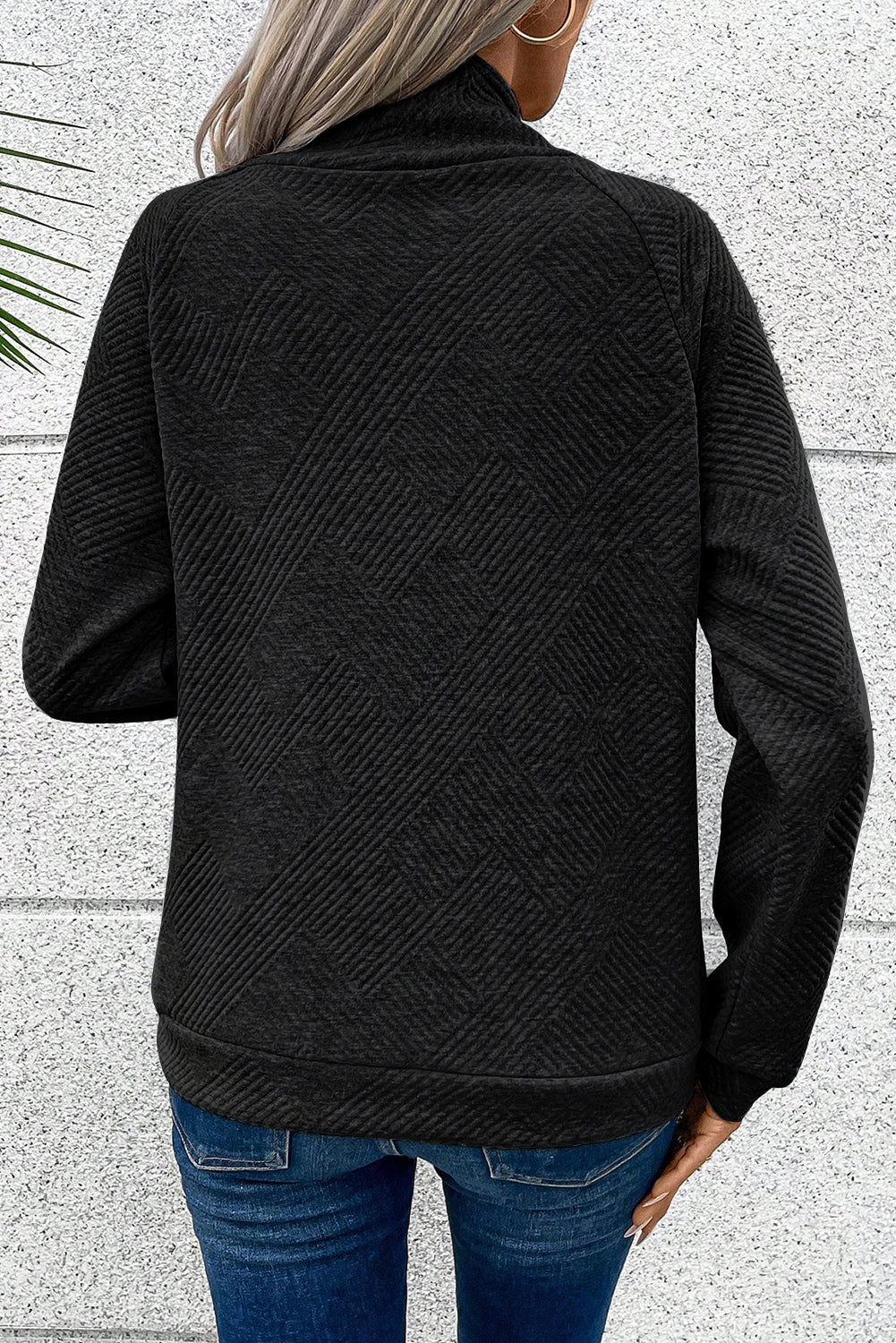 Geometric Textured Buttoned Collar Sweatshirt