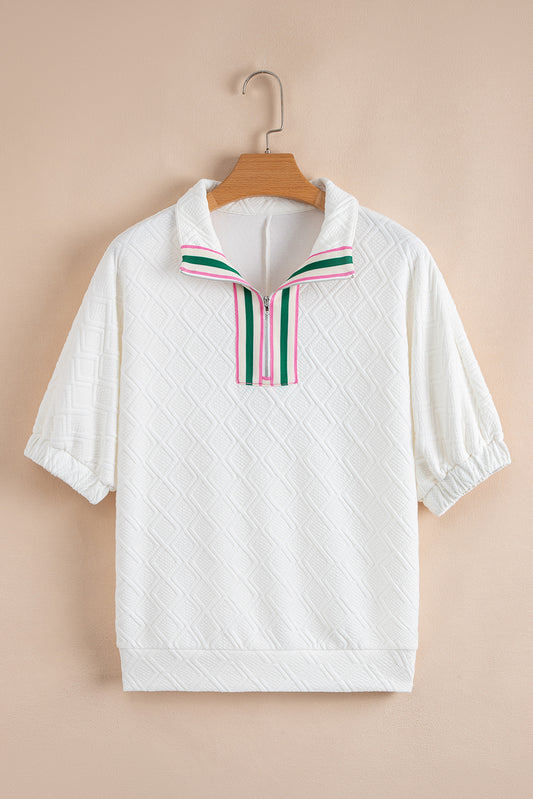 Contrast Stripe Textured Short Sleeve Blouse