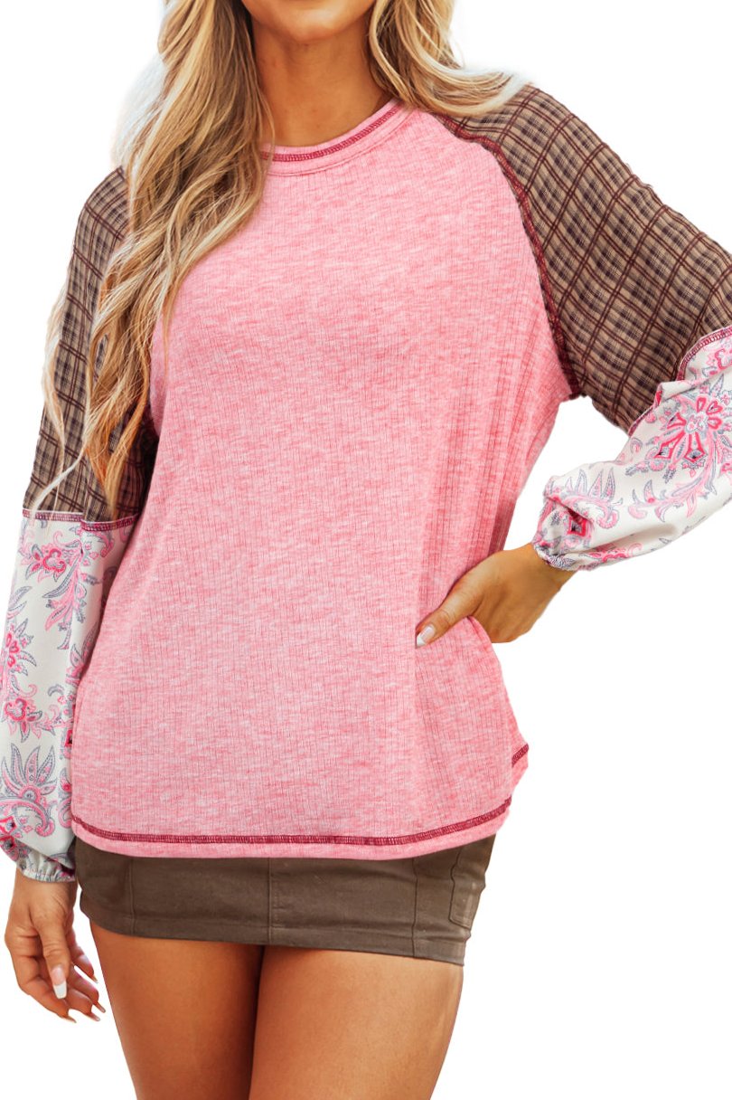 Paisley Plaid Colorblock Ribbed Top