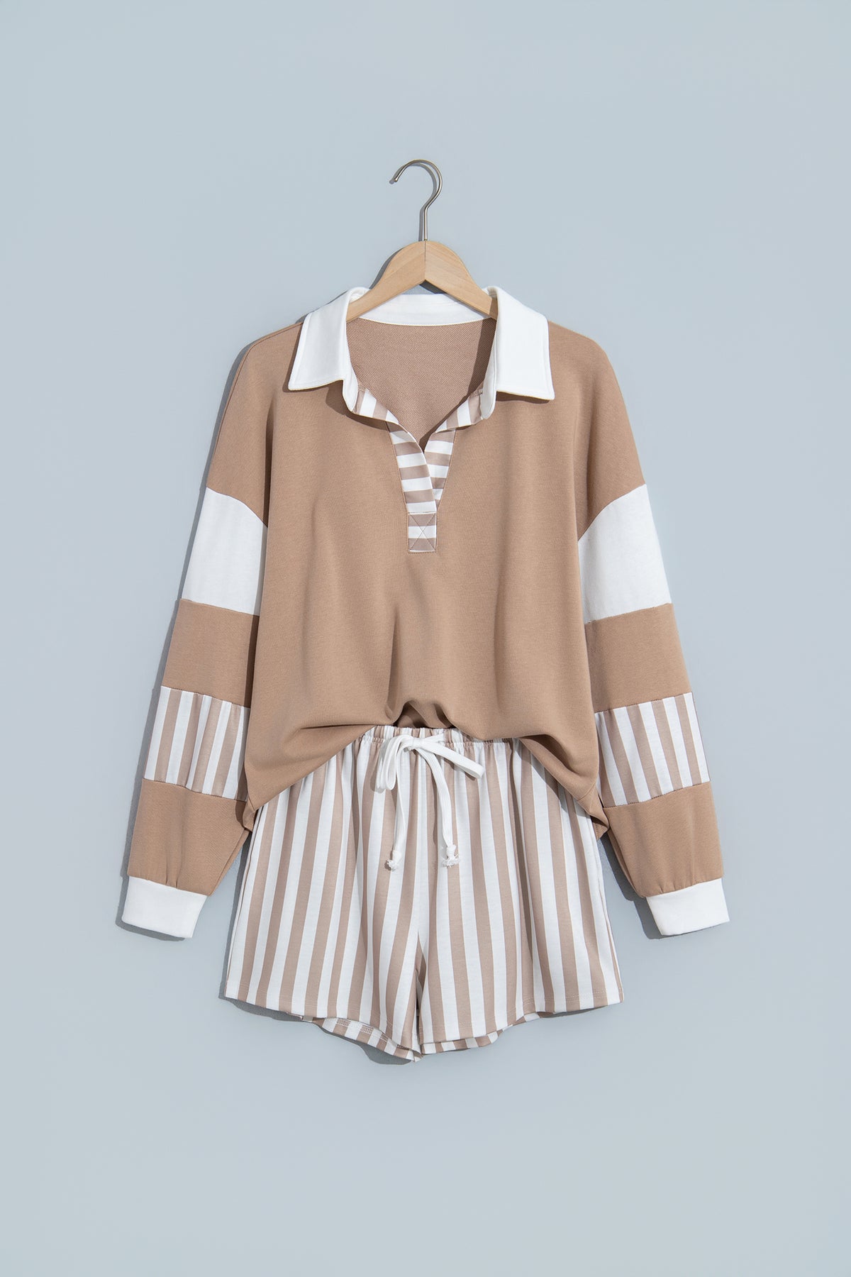 Stripe Colorblock Polo Top & Drawstring Shorts Set