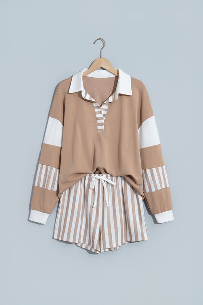 Stripe Colorblock Polo Top & Drawstring Shorts Set