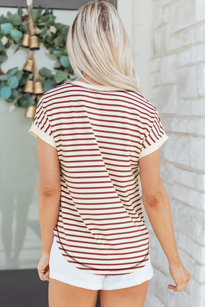 Stripe Half Buttoned Short Sleeve Top
