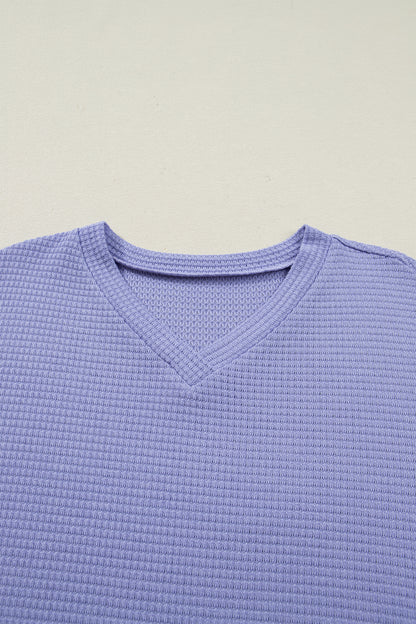 Solid Waffle Knit V-Neck Short Sleeve Top