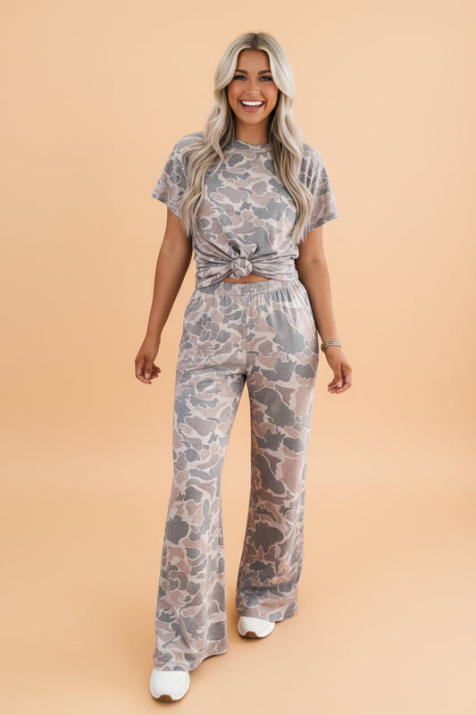 Camo Short Sleeve Top & Wide Leg Pants Set