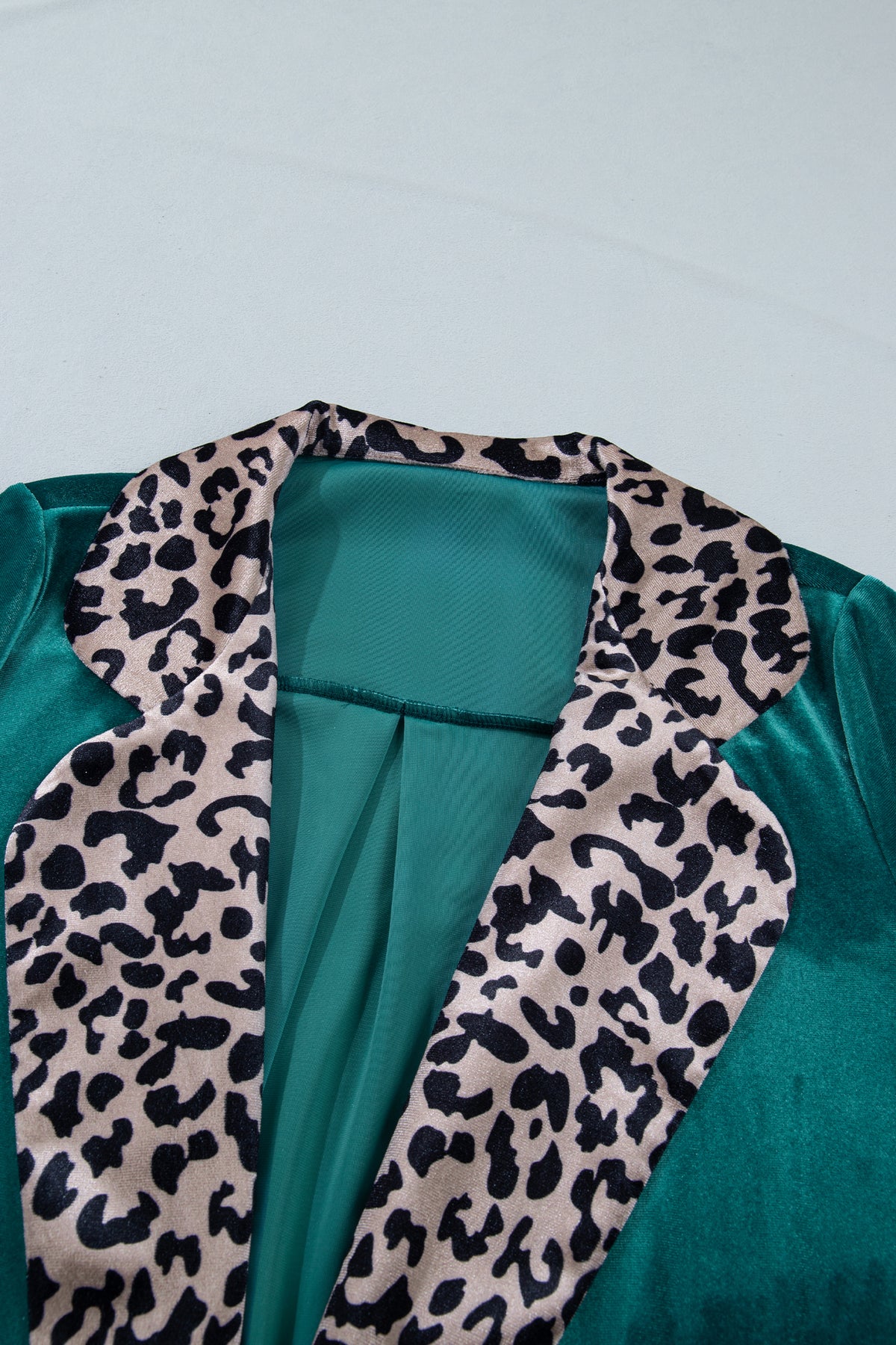 Leopard Contrast Collar Velvet Open Front Cardigan