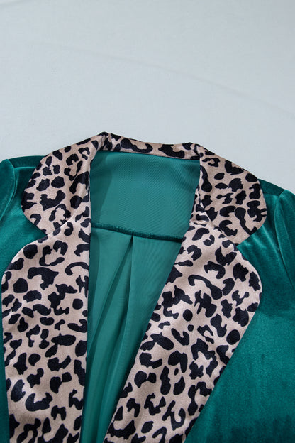 Leopard Contrast Collar Velvet Open Front Cardigan