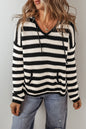 Stripe Drawstring Hooded V-Neck Sweater