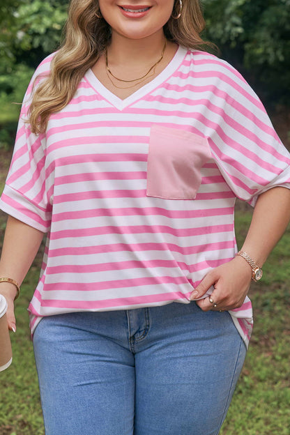 Plus Size Stripe Colorblock Patch Pocket Tee