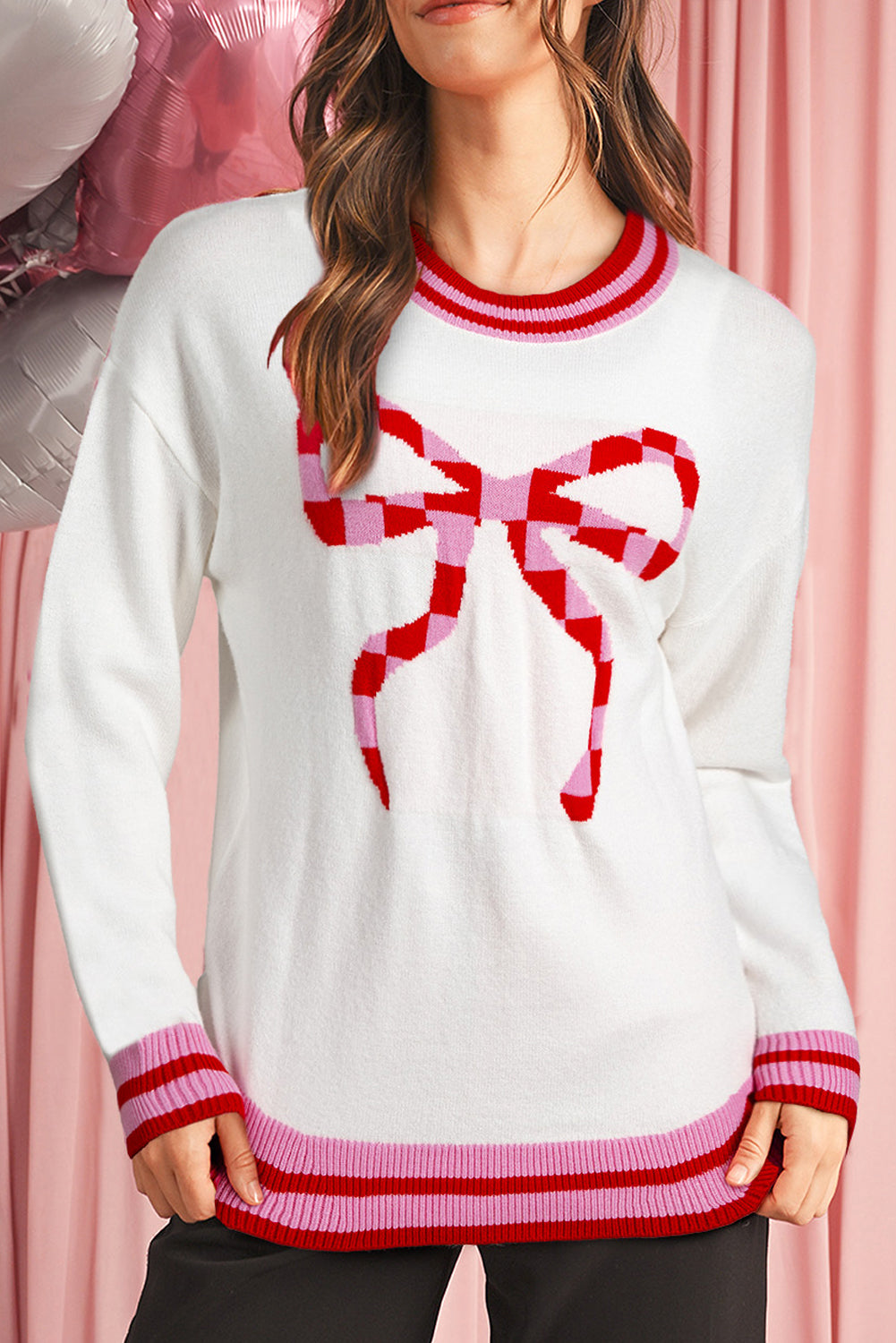 Christmas Stripe Trim Bow Crewneck Sweater