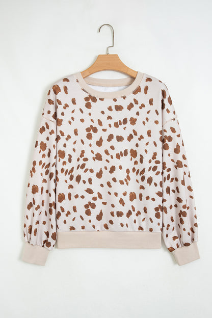 Leopard Ribbed Trim Drop Shoulder Long Sleeve Sweatshirt