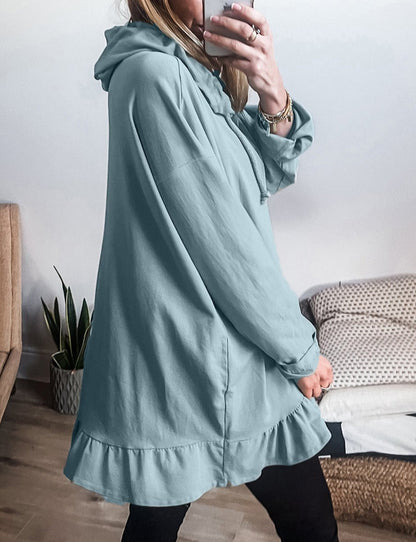 Solid Ruffle Hem Tunic Hoodie