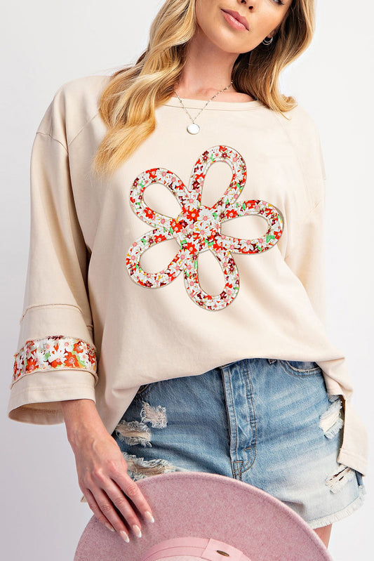 Floral Patchwork Wide 3/4 Sleeve Top