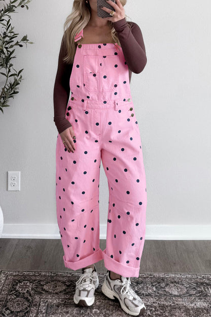 Polka Dot Denim Barrel Leg Overalls Jumpsuit